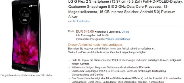 LG G Flex 2 suferă o majorare la capitolul preț pe Amazon.de; disponibil acum pentru 649 euro
