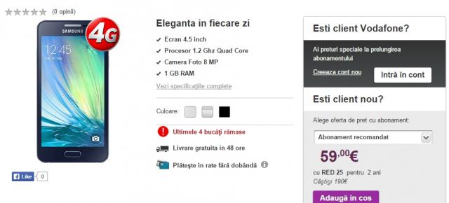 Samsung Galaxy A3 disponibil acum prin intermediul Vodafone la prețul de 1.100 lei fără abonament
