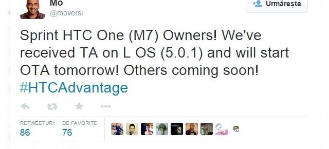 HTC anunță actualizarea la Android 5.0.1 Lollipop pentru One M7 În SUA