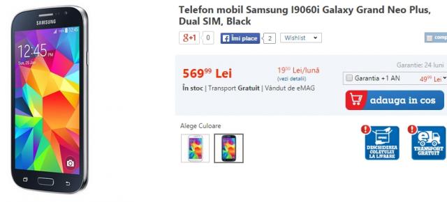 Samsung Galaxy Grand Neo Plus ajunge la eMAG; smartphone de 5 inch cu preț de 569 lei