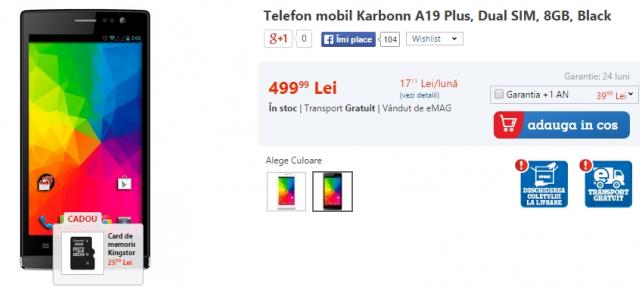Karbonn A19 Plus + card microSD de 8 GB la doar 499 lei pe eMAG.ro