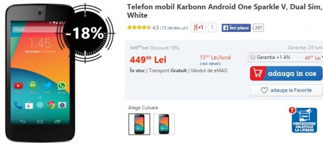 Smartphone-urile Karbonn au parte de reduceri între 18% și 23% la eMAG.ro; modelul Sparkle V costă acum 449 lei