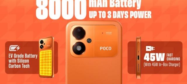 POCO M8 Power e portocaliu și bine bazat la capitolul baterie, cu 8000 mAh pentru 14 ore de gaming continuu