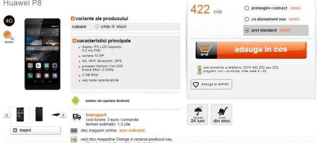 Huawei P8 este listat în magazinul online Orange.ro la un preț de doar 1.873 lei fără abonament