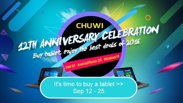 <b>Campania aniversară Chuwi continuă până pe data de 25 septembrie; iată câteva tablete la prețuri speciale!</b>Până pe data de 25 septembrie cei de la Chuwi vă oferă posibilitatea de a opta pentru una dintre tabletele din stoc la un preț foarte accesibil. Printre acestea avem atât modele standard ce se fac remarcate prin dotări high-end, dar și versiuni cu configu