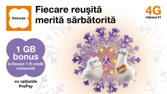 <b>Orange România lansează campania de iarnă PrePay "Fiecare reuşită merită sărbătorită": 1 GB bonus la fiecare euro consumat</b>Operatorul Orange România tocmai ce a anunțat lansarea campaniei de iarnă ce are în vizor utilizatorii de cartele pre-pay, aceștia urmând a se bucura de 1 GB de internet bonus pentru fiecare euro consumat. De asemenea, compania vine în întâmpinarea 