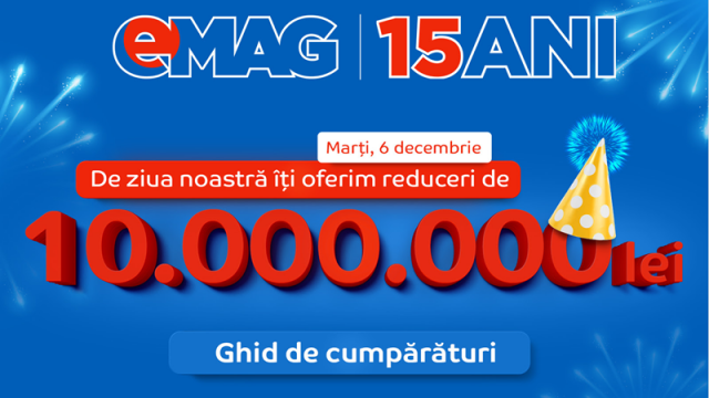 <b>Scurtă selecție de produse interesante din cadrul ofertei aniversare eMAG 15 ani!</b>Astăzi, 6 decembrie este totodată și ziua eMAG.ro, retaileri ce împlinește 15 ani de la înființare. Cu această ocazie ni se oferă reduceri aniversare la mai toate produsele și carduri cadou în valoare totală de 1.000.000 lei. Noi am aruncat o privire 