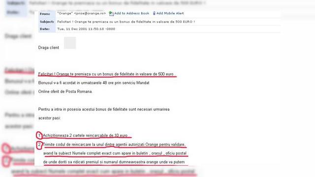 <b>Inca o "tzeapa" sub brandul Orange</b>Bloggerii au ochiul format pentru tepe, un exemplu bun fiind si neuronu.nabelea.com, care a asistat la o "tzeapa" veritabila, care il anunta ca ar fi castigat 500 euro... Evident, "baietii destepti" au folosit din nou brandul Orange, trimitand mailuri de...