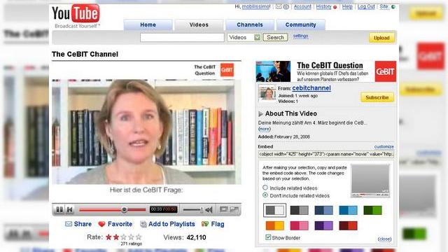 <b>CeBIT 2008 are canal YouTube si iti permite sa pui intrebari liderilor din IT</b>CeBIT, cel mai mare targ de IT si telecomunicatii din lume debuteaza pe 4 martie 2008, la Hanovra in Germania. Startul editiei acestui an a fost dat mai devreme prin intermediul canalului YouTube CeBIT, lansat special cu ocazia acestui eveniment....