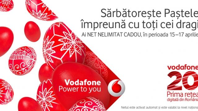 <b>Vodafone România va oferi internet nelimitat și gratuit de Paște, timp de 3 zile în perioada 15 - 17 aprilie</b>Operatorul Vodafone România își continuă promoția aniversară și de Paște oferă tuturor utilizatorilor internet nelimitat gratuit timp de 3 zile în perioada 15 - 17 aprilie. Oferta se adresează atât utilizatorilor de cartele preplătite, cât și abonaților