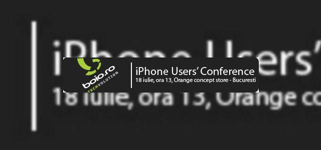 <b>iPhone Users' Conference Romania: impatimitii iPhone-ului se intrunesc pe 18 iulie</b>Daca esti un impatimit al handsetului produs de Apple, atunci trebuie sa fii prezent la Conferinta Utilizatorilor de iPhone, organizata de boio.ro. Evenimentul va avea loc sambata, in data de 18 iulie, la ora 13, iar participantii se vor reuni la Orange...
