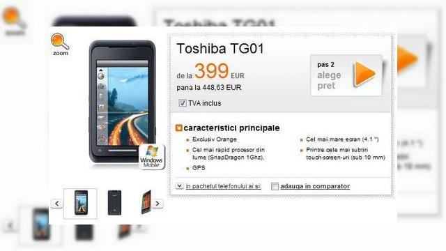 <b>Toshiba TG01, cel mai puternic smartphone de pe piata, disponibil in Romania, prin Orange!</b>Dupa ce Orange Romania a lansat popularul iPhone 3GS, iata ca un smartphone de categorie grea face acum parte din portofoliul aceluiasi operator: Toshiba TG01. Va reamintim ca acesta este primul telefon mobil cu procesor de 1 GHz (Qualcomm Snapdragon)....