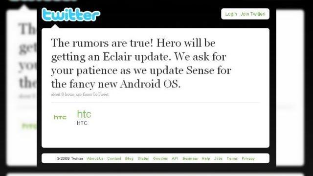 <b>HTC Hero va rula Android 2.0; promisiune oficiala!</b>Sursa e cat se poate de oficiala, fiind vorba de contul de Twitter al celor de la HTC, care ne anunta, ciez: &nbsp; "The rumors are true! Hero will be getting an Eclair update. We ask for your patience as we update Sense for the fancy new Android OS."...