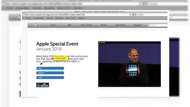 <b>Sectiune de cod cu link invizibil pe pagina oficiala Apple! Oops?</b>Vigilentul Marius de pe iphoneforum.ro a descoperit o gafa a celor de la Apple, care emotionati probabil de lansarea lui iPad, au uitat un link ascuns in pagina ce permite vizionarea discursului lui Steve Jobs de la evenimentul de miercuri. Mai multe...