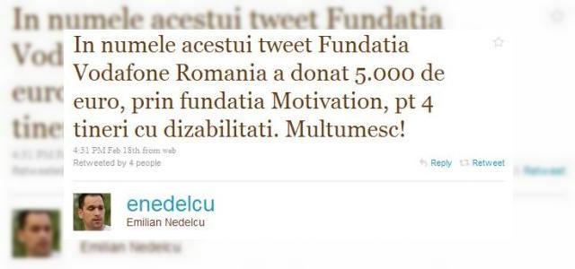 <b>Mesaj pe Twitter, vandut cu 5000 de euro - o actiune caritabila deosebita</b>In cadrul unei initiative sprijinite de Money.ro si Vodafone, Emilian Nedelcu, editor Money.ro a vandut un tweet al sau pe suma de 5000 de euro. Cumparatorul este Fundatia Vodafone Romania iar tweetul este cel cu numarul 1000. Precizam ca banii vor merge...