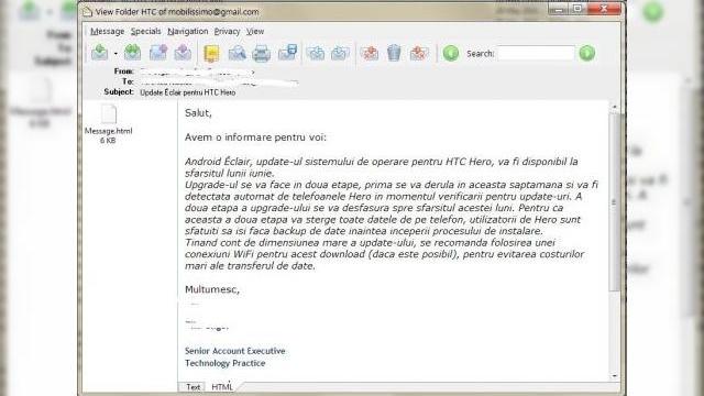 <b>Android 2.1 Eclair, in curand pe HTC Hero (oficial)</b>Dupa numeroase speculatii, zvonuri si nesigurante, iata ca am primit confirmarea oficiala, de la HTC Romania ca terminalul HTC Hero va primi update-ul la Android 2.1 (Eclair). Acesta va fi disponibil la sfarsitul lunii in curs iar upgrade-ul se va realiza...