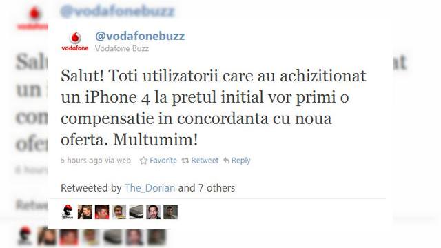 <b>Vodafone oferă compensații primilor cumpărători de iPhone 4</b>Vodafone tocmai a anunțat pe contul său de Twitter Vodafone Buzz că va oferi compensații utilizatorilor care au achiziționat modele iPhone 4 la prețul inițial. Vă informăm ieri că noii clienți Vodafone pot achiziționa acum handsetul în...