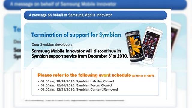 <b>Adio 2010, adio Symbian, cel puțin În tabăra Samsung</b>Deși mulți poate doresc să spună "adio" definitiv lui Symbian, iată că Samsung va face un pas mare în această direcție, oprind definitiv suportul pentru această platformă de mâine. &nbsp; Secțiunea Symbian Lab dedicată dezvoltatorilor a fost...