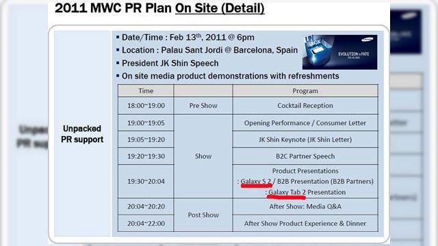 <b>Samsung Galaxy S 2 și tableta Galaxy Tab 2, confirmate pentru prezentarea oficială la MWC 2011</b>Samsung are planuri mari pentru pre-show-ul MWC 2011, eveniment care debutează pe 14 februarie luna viitoare în Barcelona. Astfel, din următorul slide al PR-iștilor de la MWC aflăm că pe 13 februarie compania asiatică va prezenta atât Samsung...
