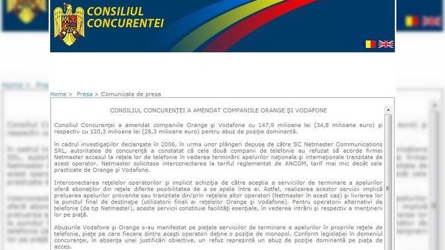 <b>Orange și Vodafone amendate cu 63.1 milioane de euro de Consiliul Concurenței</b>Consiliul Concurenței și-a anunțat intenția de a amenda operatorii Vodafone și Orange România cu 63.1 milioane de euro pentru abuz de poziție dominantă pe piața autohtonă. Investigația a fost pornită în 2006 după plângerea furnizorului de...