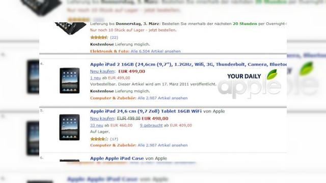 <b>iPad 2 disponibil pe Amazon, În Germania, la prețul de 499 euro?!</b>Peste doar câteva ore, la ora locală a României 20:00, Apple are programat un eveniment oficial, în cadrul căruia va lansa mult-așteptata tabletă iPad 2. Cum se întâmplă de obicei cu produsele Apple, terminalul a fost precedat de zvonuri și...