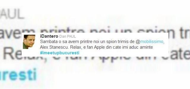 <b>Pasionați de Apple, duel BlackBerry PlayBook - iPad 2 și multele altele la #imeetupbucuresti</b>Dacă ești pasionat de produsele Apple și iDevice-uri, atunci avem vești bune pentru tine: sâmbătă, 7 mai va avea loc #imeetupbucuresti. Aceasta este o întrunire a tuturor celor pasionați de terminalele companiei din Cupertino, după cum ne...