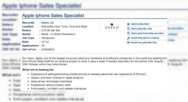 <b>iPhone 5 lansat pe 16 august?! Noi joburi postate pe web anunță "o oportunitate deosebită" luna viitoare</b>Dacă doriți să câștigați 120 de dolari pe zi lucrând pentru Apple și dacă vă aflați în Marea Britanie, gigantul din Cupertino are un job pentru cei interesați. Conform unor liste de joburi de pe web, Apple cauta angajați full time pentru "un...