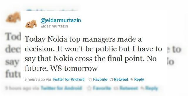 <b>Nokia W8 se lansează astăzi?! Avem primele indicii despre smartphone-ul Windows Phone finlandez!</b>Intrigat de indiciile postate de pe Daniel Galbinisteanu (@as21ro) pe Twitter am efectuat o căutare rapidă pe același serviciu de microblogging și am dat peste postarea lui Eldar Murtazin, zvonacul de serviciu când vine vorba de Nokia. Ei bine, se...