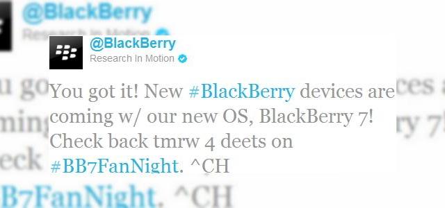<b>BlackBerry, ofensivă la baionetă; Canadienii anunță mâine o serie de terminale cu noua versiune de OS, BlackBerry OS 7</b>Un tweet lansat azi de pe contul oficial BlackBerry, sugerează anunțarea a câtorva terminale RIM chiar mâine. Același tweet mai spune că acestea vor purta o versiunea nouă de OS, adică BlackBerry OS 7. &nbsp; Cunoscând problemele interne ale...
