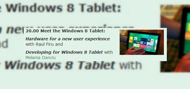<b>Tableta Windows 8 in Romania, sub forma de prototip prezentat la Timisoara Mobile Meetup, editia a zecea</b>Cu iz de aniversare, a zecea editie a Timisoara Mobile Development Meetup va avea loc luni, pe 10 octombrie la Bosch Communication Center, aflat in Calea Aradului nr 8, etajul 3, Timisoara. &nbsp; Gazdele evenimentului sunt echipa de la Haufe Lexware, iar...
