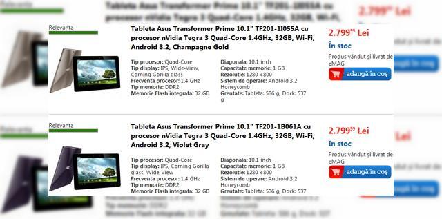 <b>Tableta quad-core ASUS Transformer Prime, acum disponibilă la eMAG prin precomandă; Preț de 2.799 lei!</b>Tableta quad core ASUS Transformer Prime pe care v-am prezentat-o într-o recenzie detaliată la finalul anului trecut este acum disponibilă prin precomanda la eMAG, în variante de culoare aurie sau mov-gri, la prețul de 2.799 lei. Despre acest device...