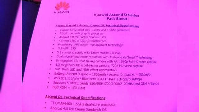 <b>MWC 2012: Huawei Ascend D quad, Ascend D quad XL, Ascend D1 - specificații complete</b>Huawei are planuri consistente pentru Europa și a pregătit o linie interesantă de telefoane inteligente. Cel mai puternic dintre ele este Huawei Ascend D quad. Mai jos dați de datele sale tehnice, vorbim de un smartphone quad-core; &nbsp; Huawei...