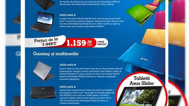 <b>Crazy Days eMag ziua 3: laptopuri ASUS cu reduceri de 20%! Tableta ASUS Slider la super preț!</b>După reduceri la laptopuri Dell și Toshiba, astăzi e rândul celei de-a treia zi de Crazy Days la eMag, de această dată pentru laptopurile ASUS. La acestea se va aplica o reducere de 20%, pentru modelele din promoție. Astfel, seria K și X de la...