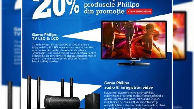 <b>Crazy Days eMag continua cu 20% reducere la produsele Philips din promoție!</b>Zilele nebune de la eMag continua cu 20% reducere la produsele Philips incluse în promoție, printre care se numără și televizoare LED și LCD și gama Philips audio și înregistrări video (playere, sisteme home cinema). Noua ofertă vine după...