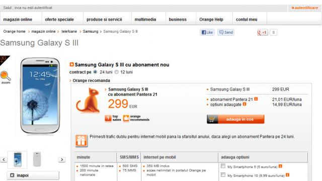 <b>Samsung Galaxy S III vine la Orange la prețul de 299 euro (cu abonament)</b>Iată că avem și primul operator din România care anunță un preț pentru Samsung Galaxy S III, după anunțul oficial al telefonului săptămâna trecută la Londra. Orange România tocmai a anunțat astăzi că va pune în vânzare primul telefon...