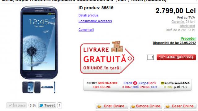 <b>Samsung Galaxy S III acum și În oferta evoMAG.ro, iată prețul!</b>După ce vă anunțam ieri că Orange România ne-a oferit și un prim preț pentru Samsung Galaxy S III, telefon anunțat la Londra săptămâna trecută, acum avem și un retailer cu o ofertă de preț la liber. Este vorba despre evoMAG.ro, care vinde...