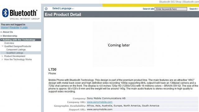 <b>Sony LT30p ajunge pe web sub formă de informații: design de Arc, ecran HD, CPU Snapdragon S4</b>Sony LT30p sună ca un telefon perfect atunci când aruncam o privire asupra dotărilor sale, apărute recent pe web în urma unor scăpări. De asemenea, misteriosul terminal a trecut prin testele de certificare Bluetooth SIG și se pare că ar veni cu...