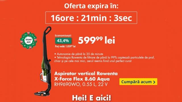 <b>OCAZIA ZILEI pe FLANCO: Aspirator vertical Rowenta Air Force Serenity la doar 599 de lei!</b>Penultima zi din campania “Ocazia Zilei” pe Flanco ne aduce un aspirator. De această dată nu unul robot, ci vertical, fără fir și silențios. Vă reamintesc că mâine va intra în ofertă un smartphone și sunt foarte curios ce va fi. Până atunci, să vedem ce