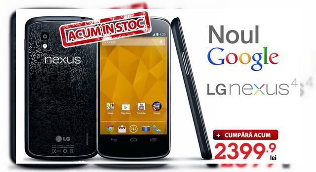 <b>LG Nexus 4 acum În stoc la Quickmobile.ro! Iată prețul!</b>Cel mai nou Google Phone a intrat în sfârșit în stoc la Quickmobile.ro și asta e o veste tare bună, în condițiile în care sunt probleme cu stocurile lui LG Nexus&nbsp;4 la nivel internațional. Handsetul cu spate din sticlă și 2 GB RAM...