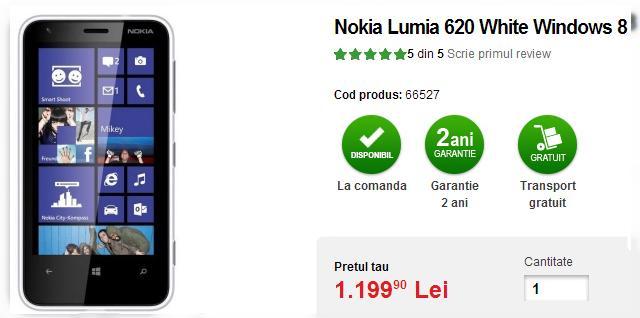 <b>Nokia Lumia 620 disponibil acum la Quickmobile.ro; Windows Phone 8 "cu de toate" la preț bun!</b>Nokia Lumia 620 este un telefon Windows Phone 8 midrange, care a fost anunțat în decembrie și lansat în această lună, iar acum a ajuns în oferta celor de la Quickmobile. Retailerul a pus în vânzare acest handset în versiunea albă, la prețul de...