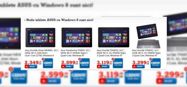 <b>Noile tablete ASUS cu Windows 8/Windows RT ajung la eMAG.ro, cu prețuri bune!</b>știți probabil deja că am fost printre primii care au testat tableta ASUS VivoTab RT și tableta ASUS VivoTab Smart, primul model dotat cu Windows RT și CPU Tegra 3 și al doilea un device Intel Atom cu Windows 8. Ei bine, tabletele se afla acum în...