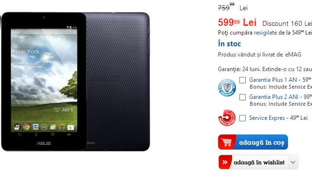 <b>ASUS MeMo Pad ME172V disponibilă la eMAG.ro, cu un preț de nerefuzat</b>ASUS MeMo Pad ME172V este probabil tableta Android de la ASUS cu cel mai bun preț pe care am văzut-o vreodată și ea a ajuns acum la retailerul local eMAG.ro. Acesta vinde produsul la prețul de 599.99 lei, iar device-ul vine cu garanție pe 24 de luni...
