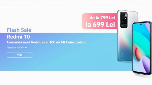 <b>Noul smartphone Redmi 10 este acum disponibil în România și primește extra-reducere în perioada 4-6 octombrie!</b>Unul dintre cele mai noi smartphone-uri ajunse recent atât în România este Redmi 10. Este vorba despre un terminal de buget care are parte de o ofertă specială la debut. Mai exact, în perioada 4-6 octombrie, acesta beneficiază de o reducere de 100 de lei
