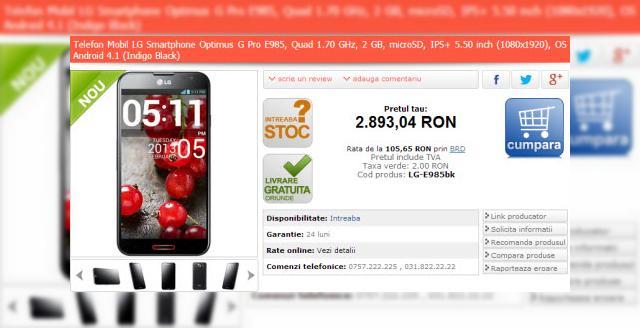 <b>LG Optimus G Pro ajunge În România neoficial, disponibil la Marketonline.ro la sub 2.900 de lei</b>Cei aflați în căutarea unui phablet de nouă generație nu mai trebuie să aștepte până la sosirea lui Galaxy Note III, deoarece a ajuns în România în mod neoficial LG Optimus G Pro. Acest phablet este disponibil în premieră autohtonă la...