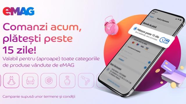 <b>La eMAG poți comanda acum tot ce vrei și plătești peste 15 zile! Iată cât este limita și categoriile de produse disponibile</b>eMAG ne pregătește de Black Friday cu o opțiune foarte interesantă de achiziție ce presupune plata peste 15 zile de la momentul realizării comenzii. Este o opțiune foarte utilă în cazul în care dăm peste o ofertă de neratat 