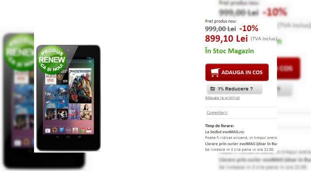 <b>Promoție la Nexus 7 la evoMAG.ro; Preț cu 10% mai mic! (Varianta renew)</b>evoMAG.ro are un preț foarte bun pentru tableta Nexus 7, care a fost considerată drept "tableta anului 2012" de către cititorii și redactorii Mobilissimo.ro. Rețineți că e vorba despre un terminal disponibil în regim Renew. &nbsp; Produsul costă...