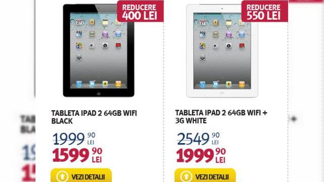 <b>Reduceri masive la tabletele iPad la Altex: terminalele pierd până la 550 de lei din preț!</b>în perioada 19-25 august Altex are câteva oferte foarte atractive la tablete, inclusiv modelele Apple iPad. Astfel, vedem un iPad 2 de 64 GB WiFi care costă acum 1599 lei, după o reducere de 400 lei. &nbsp; Sau puteți opta pentru o variantă 3G de...
