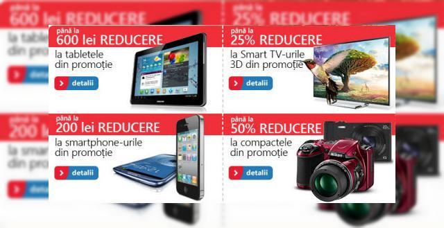 <b>eMAG.ro oferă până la 600 lei reducere la tablete și televizoare, până la 200 de lei reducere la smartphone-uri</b>eMAG.ro are o nouă rundă de reduceri și promoții pentru tabletele și telefoanele din oferta să, dar și pentru televizoare și alte produse. Aflați că tabletele primesc până la 600 de lei reducere, cum este cazul lui ASUS VivoTab varianta 3G de...