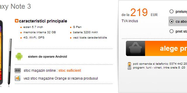 <b>Samsung Galaxy Note 3 În oferta celor de la Orange; Un smartphone gigant, cu preț pe măsură!</b>Ieri anunțam în cadrul unui articol disponibilitatea lui Samsung Galaxy Note 3 într-un magazin online din România! între timp iată că acesta apare și pe site-ul Orange și este afișat la un preț ce începe de la 219 euro! &nbsp; Prețul fără...