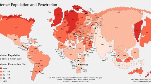 <b>Cum ar arăta harta lumii dacă țările ar fi la fel de mari ca numărul de utilizatori online</b>Pe fondul descoperirii recente că suntem peste 6 milioane de utilizatori Facebook în România, vedem o hartă foarte interesantă legată de rata de penetrare a Internetului la nivel global. Principiul acestei hărți e simplu: cum ar arăta harta lumii...